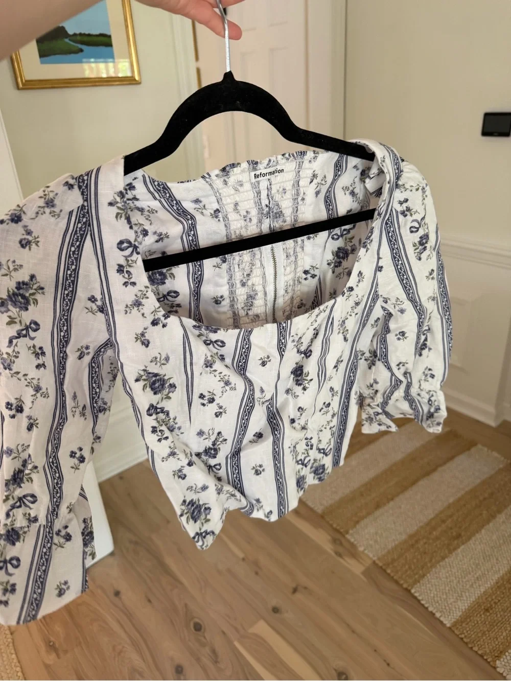 Reformation White Top with Blue Floral Stripe Square Neck